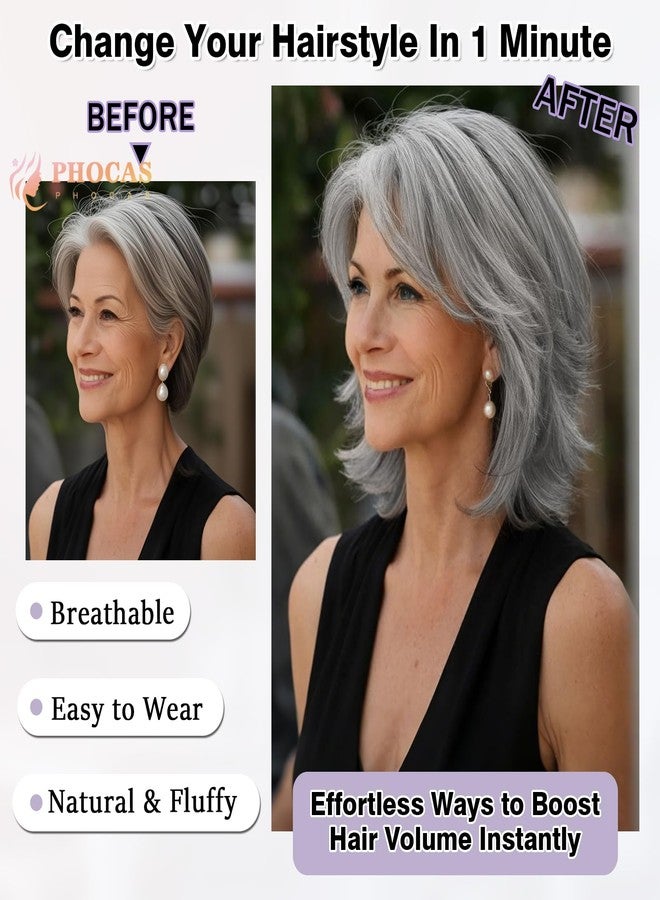 PHOCAS Grey Short Bob Wig Synthetic Layered Silver Gray Wigs with Wavy End Realistic Salt and Pepper Wigs for Women Natural Middle Part Wolf Cut Wig for Daily Use - 10" shoulder length - Image 4